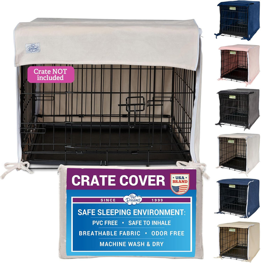 Pet Dreams ivory dog crate cover on a double door wire cage