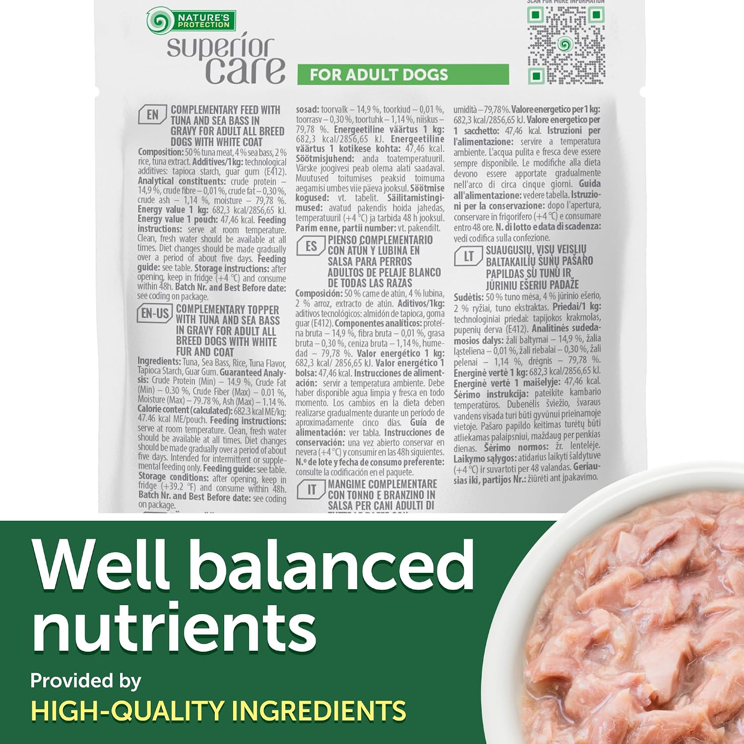 Nature's Protection white coat dog food formula back label showing instructions
