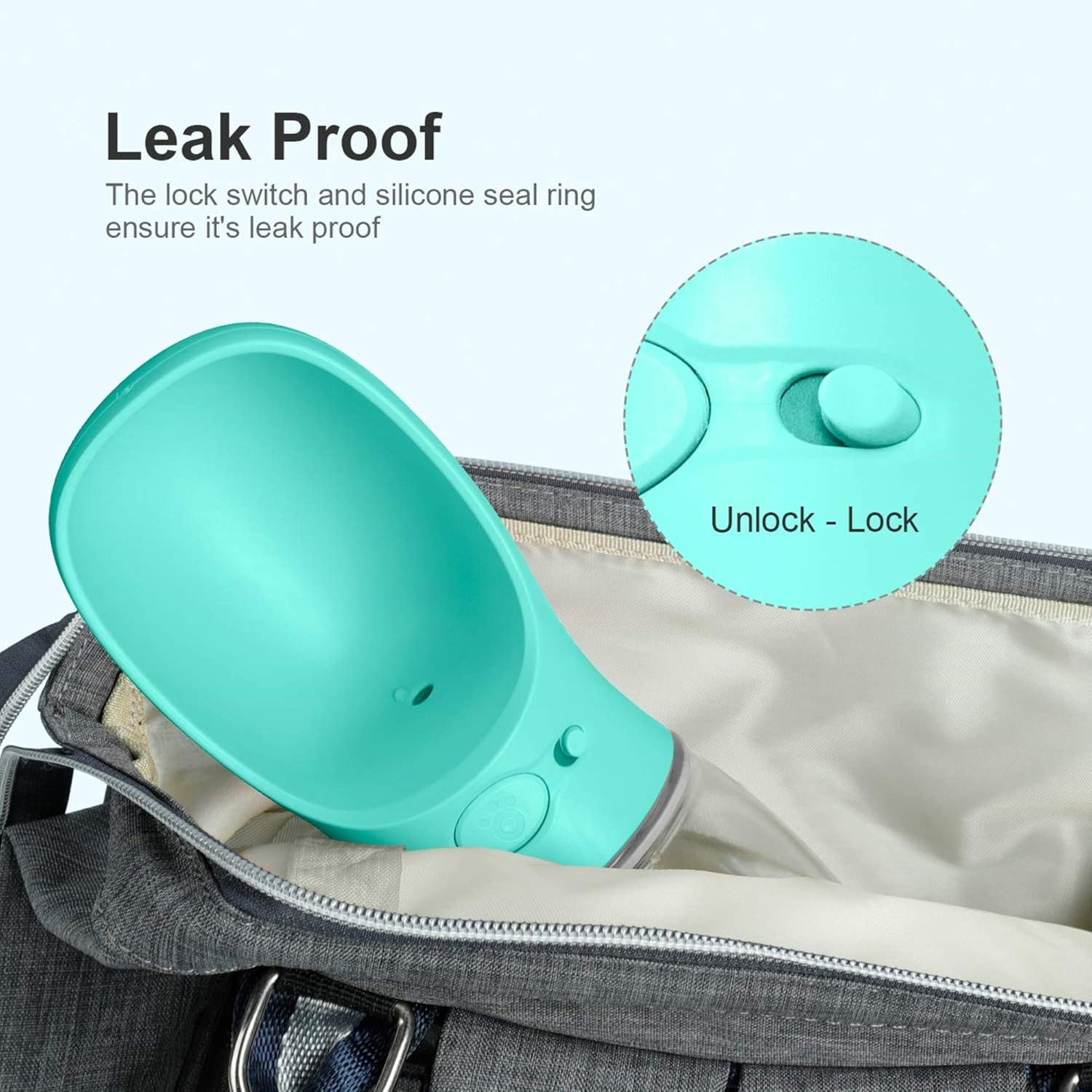 DEYACE dog travel dispenser showing the wide antibacterial drinking trough up close.