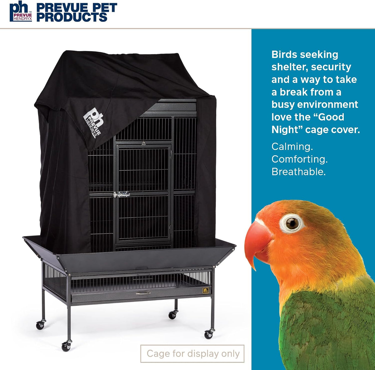 Close up of Prevue Hendryx logo on black breathable bird cage fabric