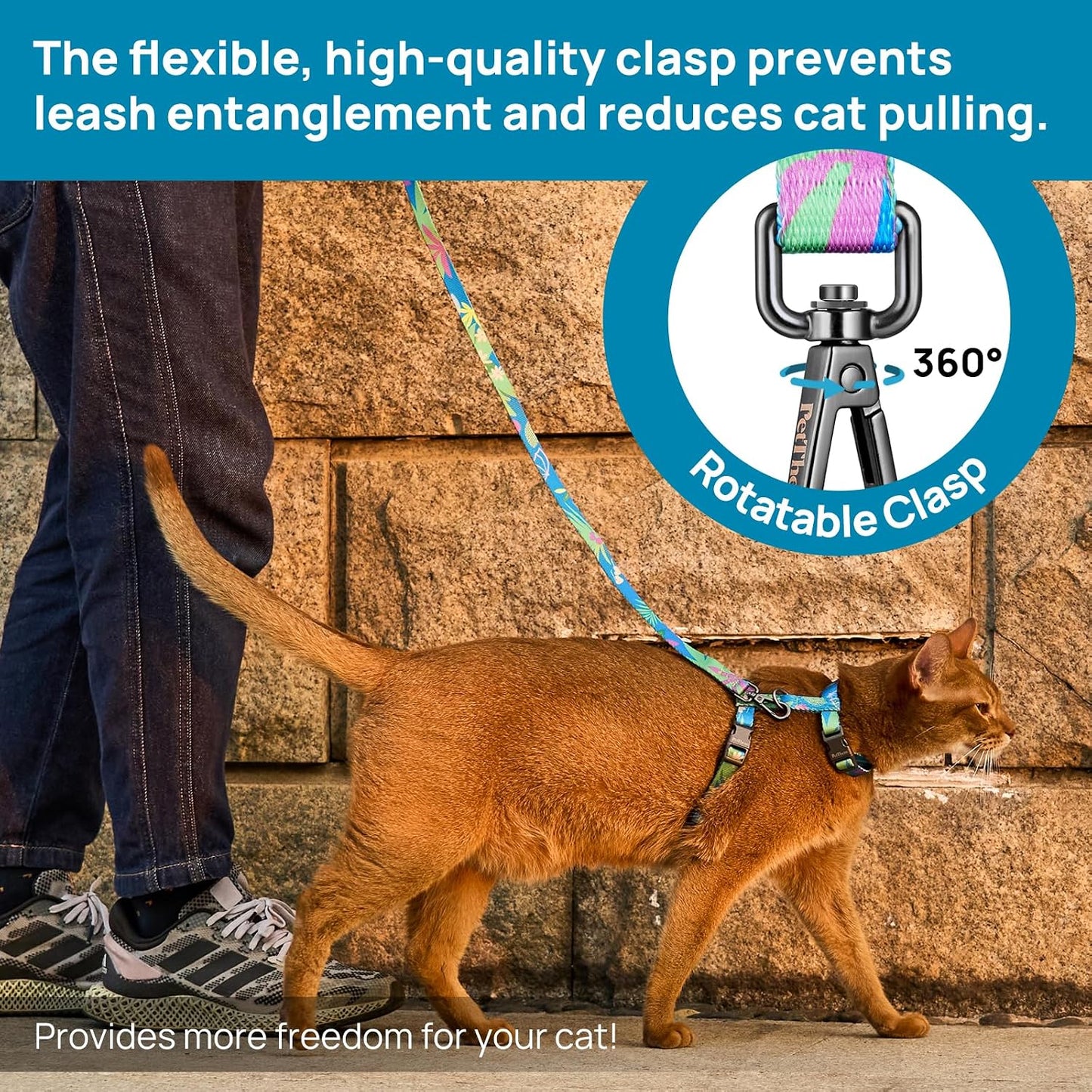 PetThem adjustable cat harness and matching leash set flat lay