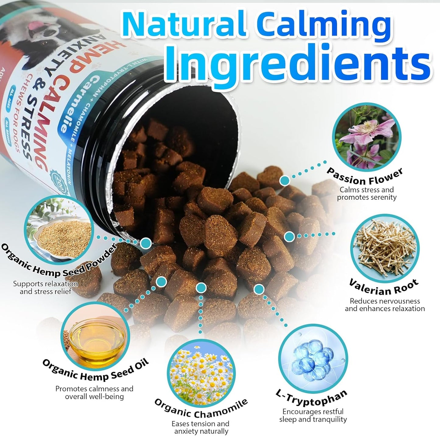 Carmelie calming chews chicken flavor treats close up view for dogs
