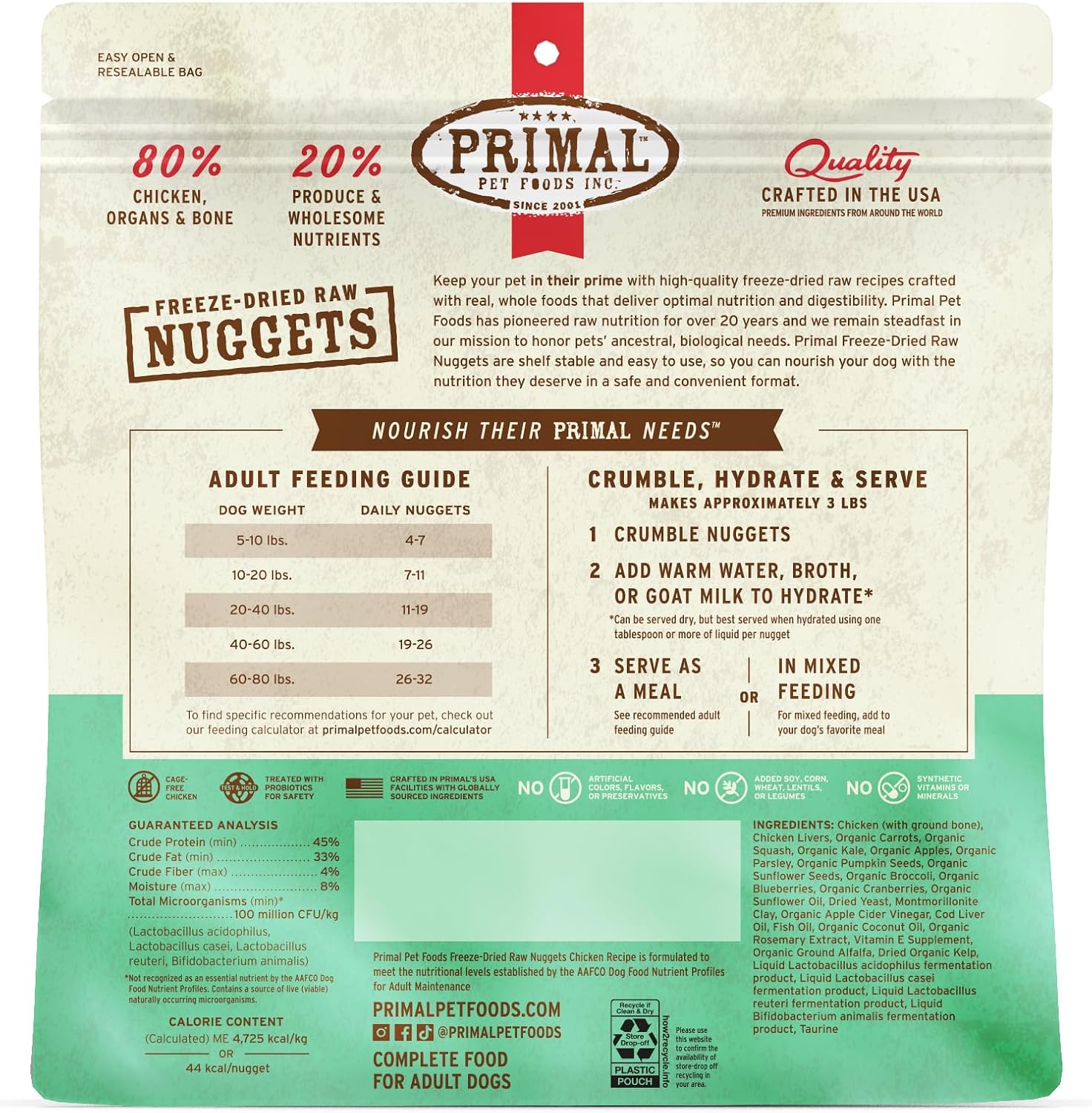 Primal Pet Foods cage free chicken recipe dog treats and complete meal nuggets