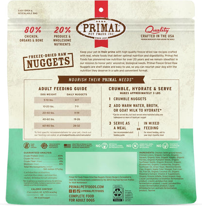 Primal Pet Foods cage free chicken recipe dog treats and complete meal nuggets