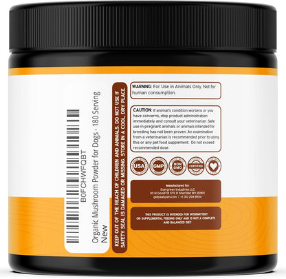 Lion's Mane and Turkey Tail pet supplement powder close up texture and measuring scoop.