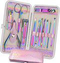 ANRUI Manicure Set Nail Clippers Pedicure Kit - 12pcs Stainless Steel Nail Kit, Colorful Professional Nail Care Kit Nail Files & Scissors Tools for Hands Foot Facial - Pink - Image 1