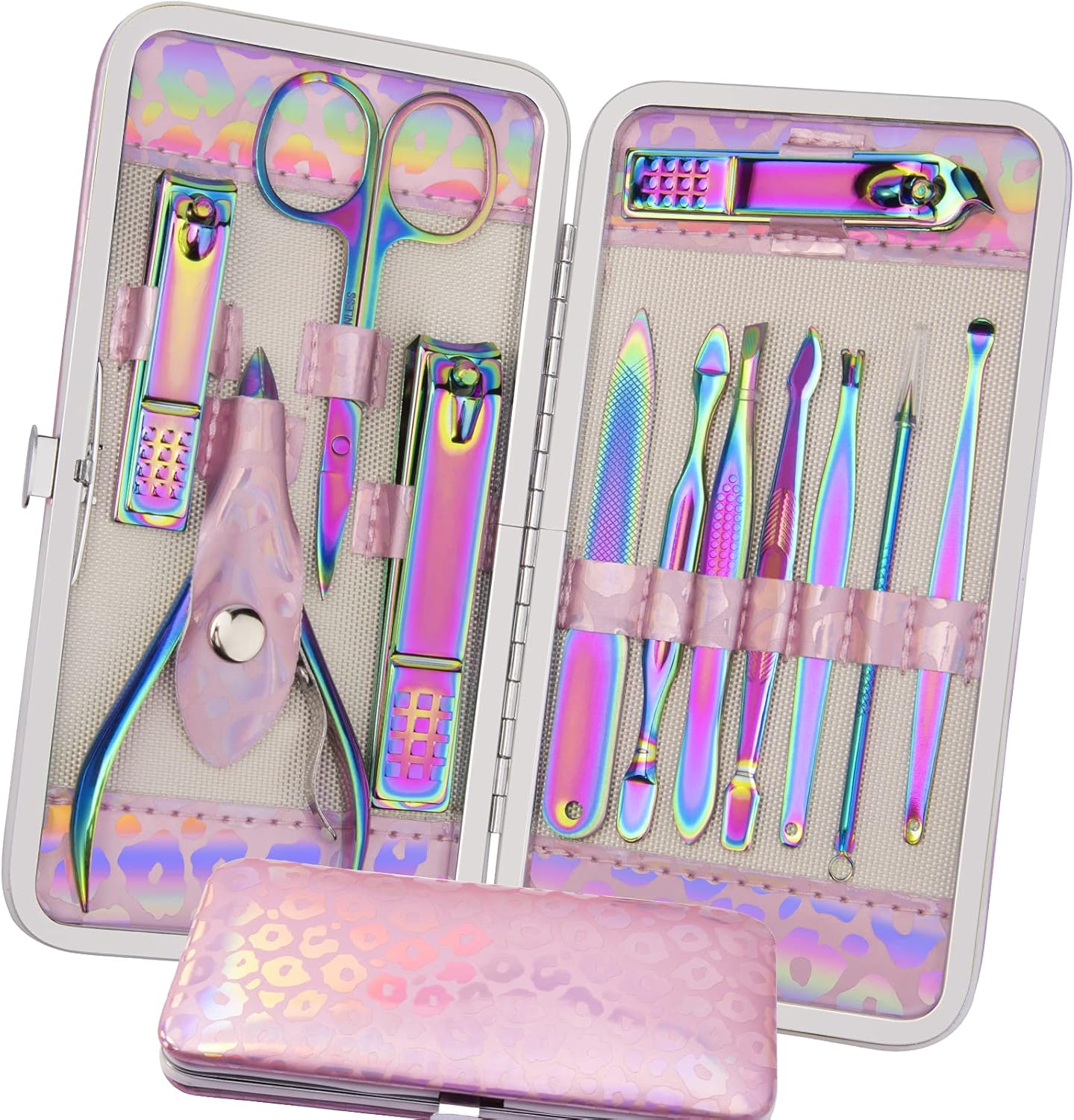 ANRUI Manicure Set Nail Clippers Pedicure Kit - 12pcs Stainless Steel Nail Kit, Colorful Professional Nail Care Kit Nail Files & Scissors Tools for Hands Foot Facial - Pink - Image 1