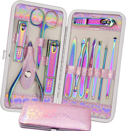 ANRUI Manicure Set Nail Clippers Pedicure Kit - 12pcs Stainless Steel Nail Kit, Colorful Professional Nail Care Kit Nail Files & Scissors Tools for Hands Foot Facial - Pink - Image 1