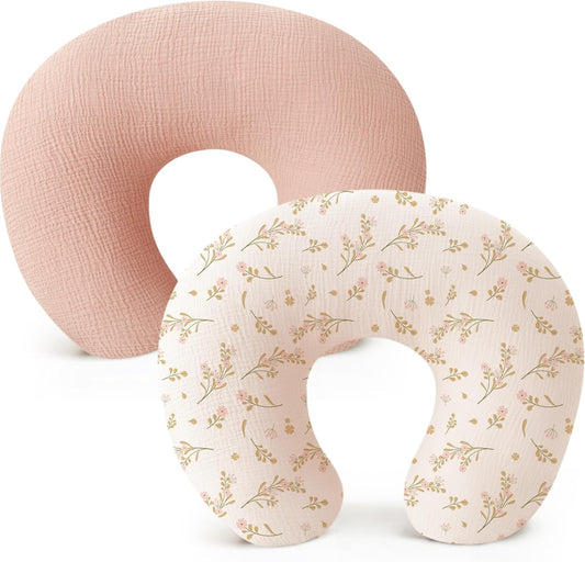 Konssy 2 Pack Muslin Nursing Pillow Covers front view in pink floral print