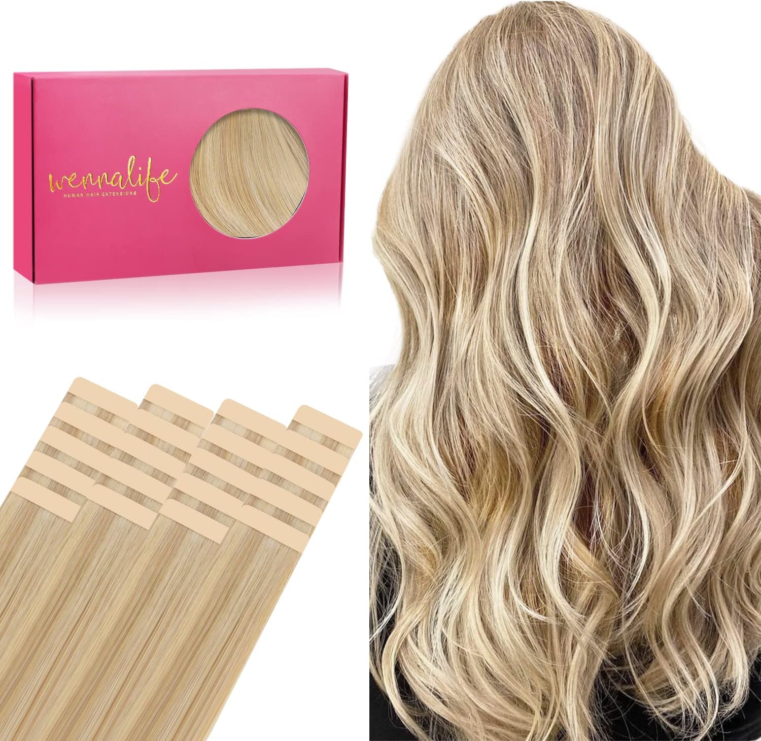 WENNALIFE Tape in Hair Extensions front packaging view highlighting the light blonde shade.