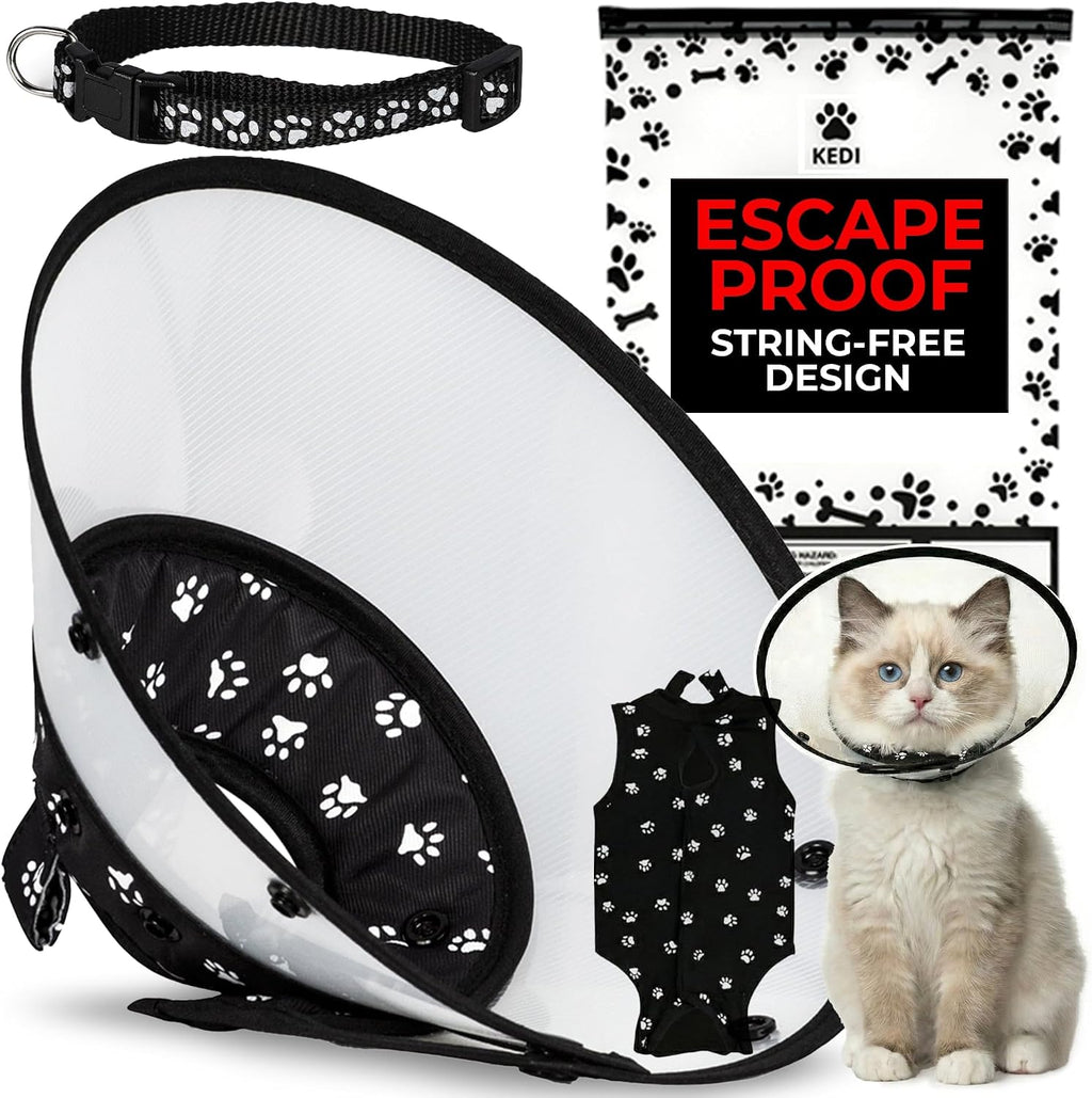 Cat Recovery Cone Kit Post Surgical Soft Pet Vest, Collar, and Non-Irritating Protection Cone for Cats - Comfortable Injury Care Solution (Black with White Paws, Medium) - Image 10