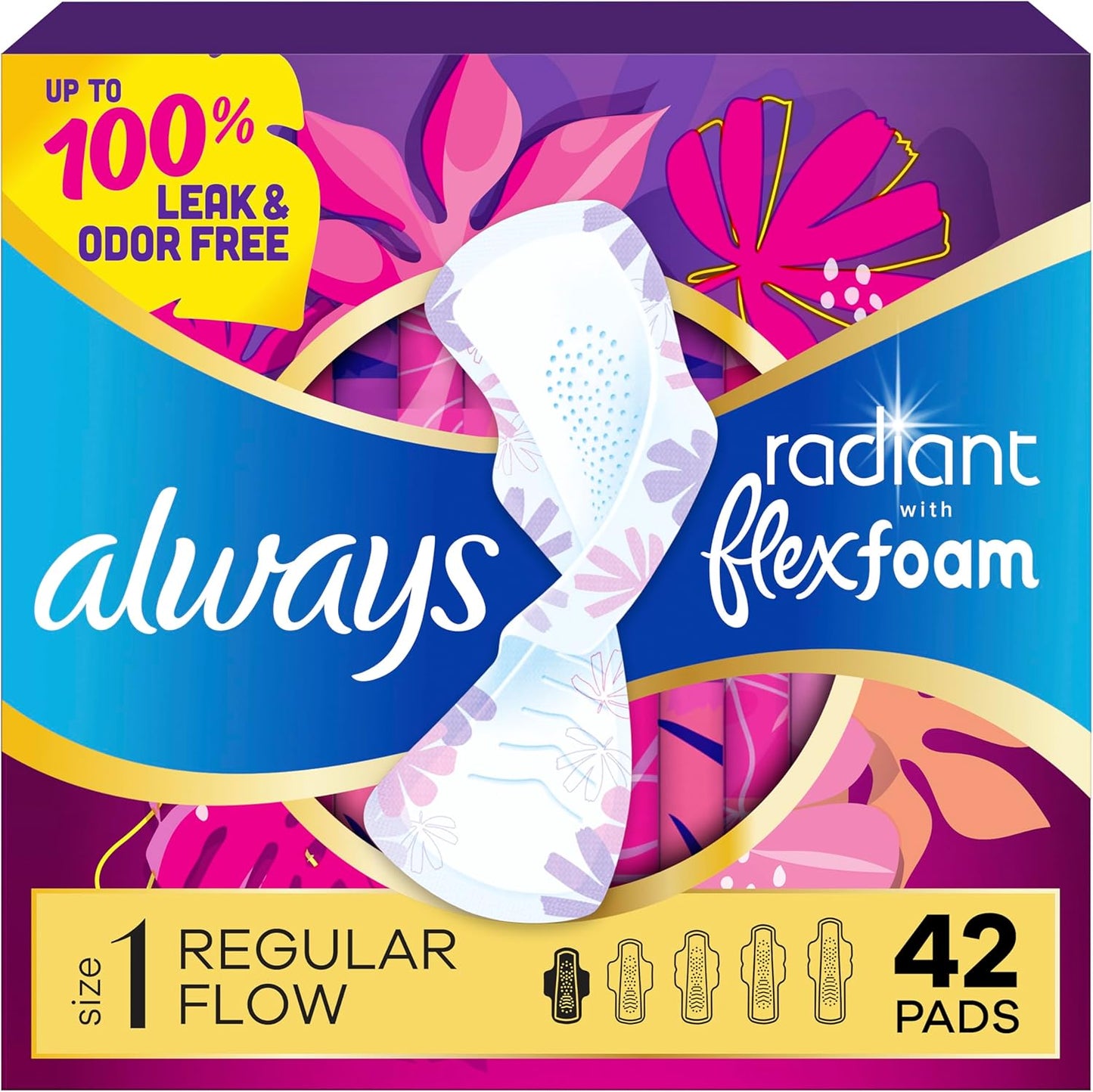Always Radiant Flexfoam Pads front packaging showing size 1 and 42 count.