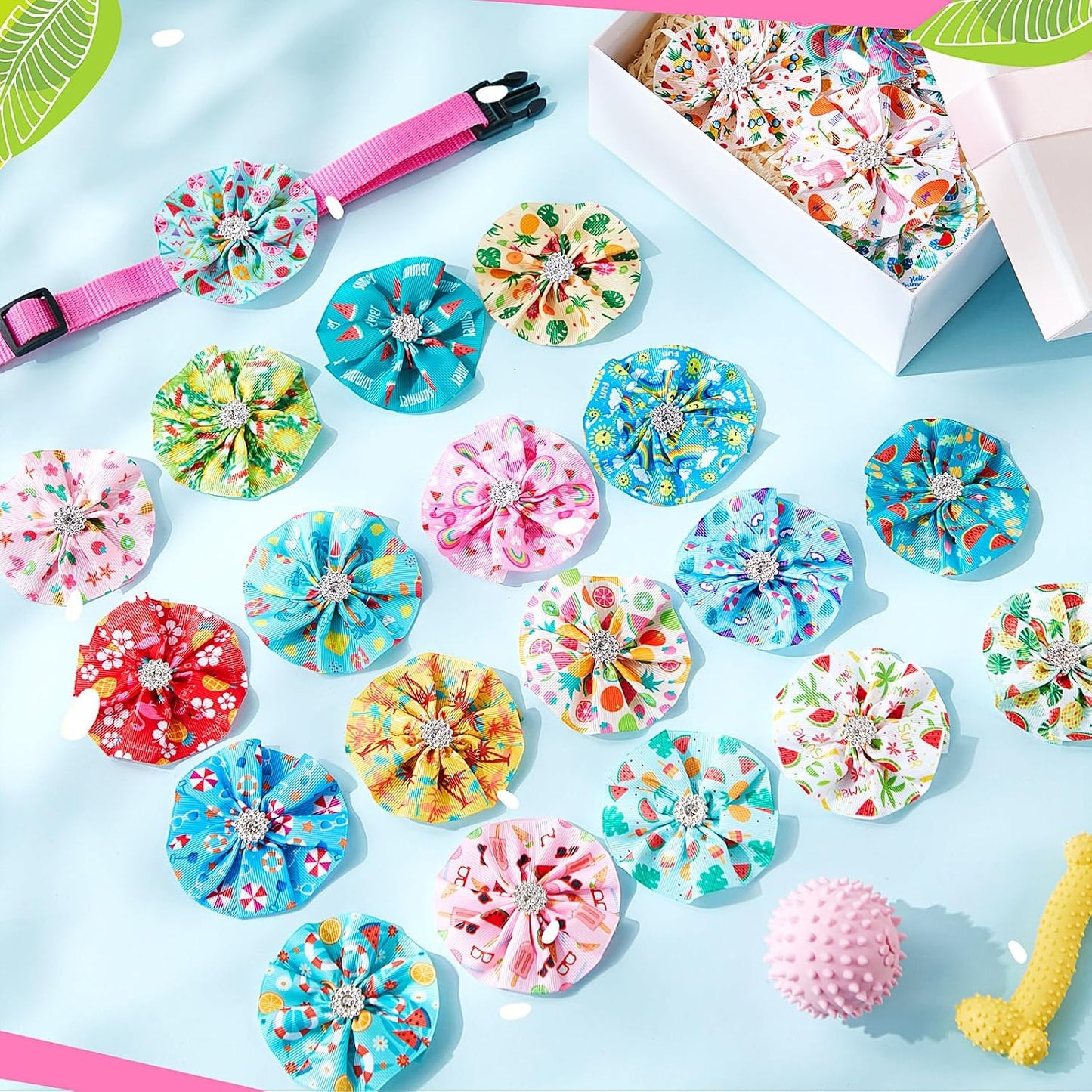 Cat collar accessories featuring tropical leaf and watermelon designs