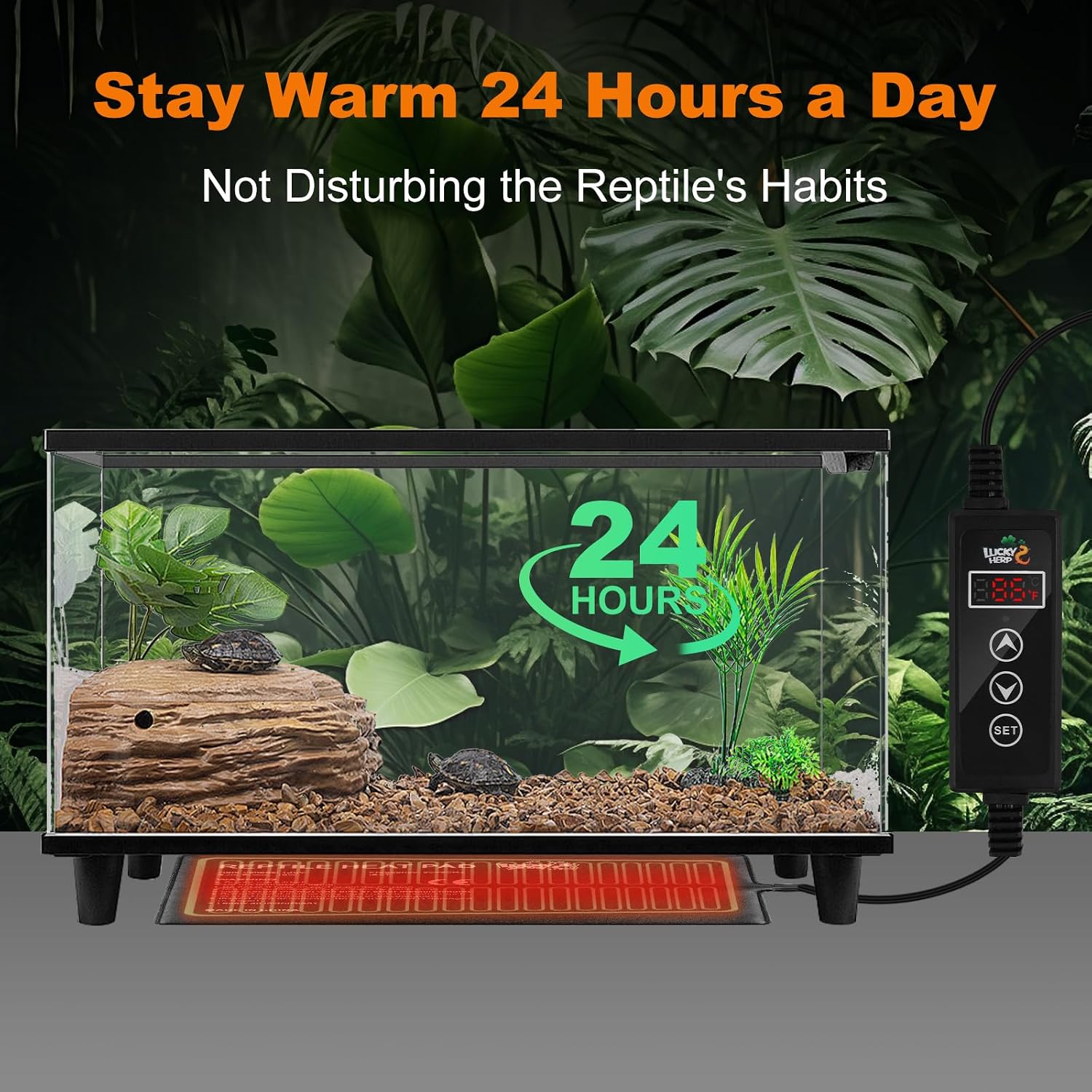 LUCKY HERP reptile warming pad packaged box content detailing safety instructions and specifications