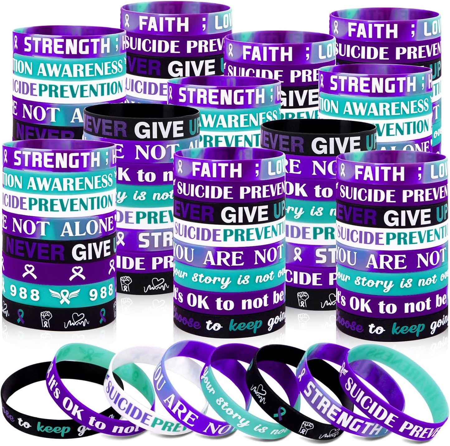Freesdai suicide prevention awareness silicone wristbands bulk front view showing teal and purple bracelets