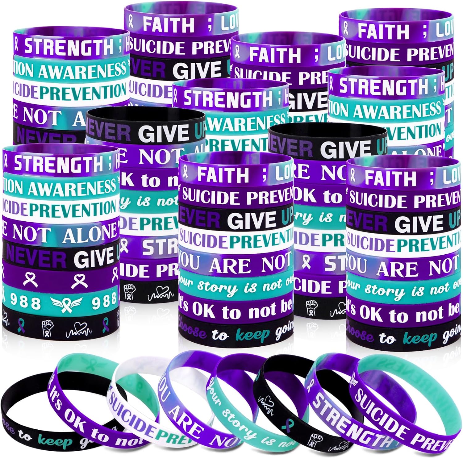 Freesdai suicide prevention awareness silicone wristbands bulk front view showing teal and purple bracelets