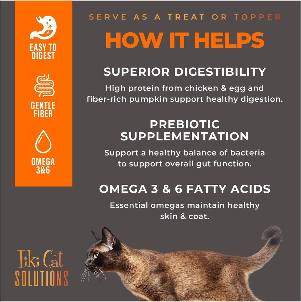 Lickable cat treat pouch for digestive support with prebiotics and pumpkin graphic.