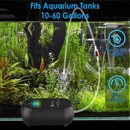 Side view of portable AquaMiracle fish tank aerator with USB port