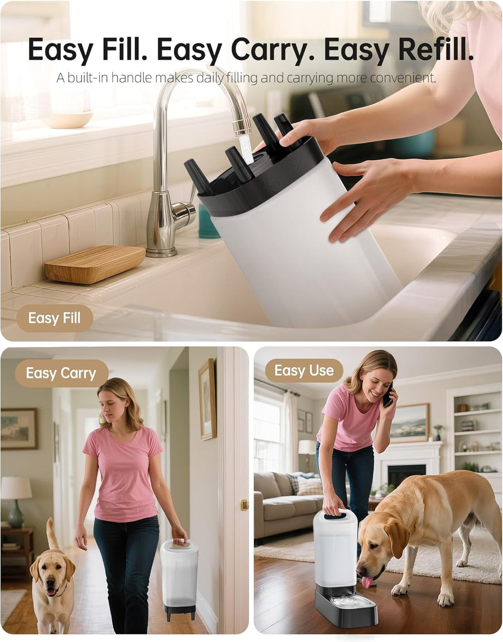 Lesotc automatic dog feeder waterer demonstrating the gravity-fed siphon system filling the bowl.