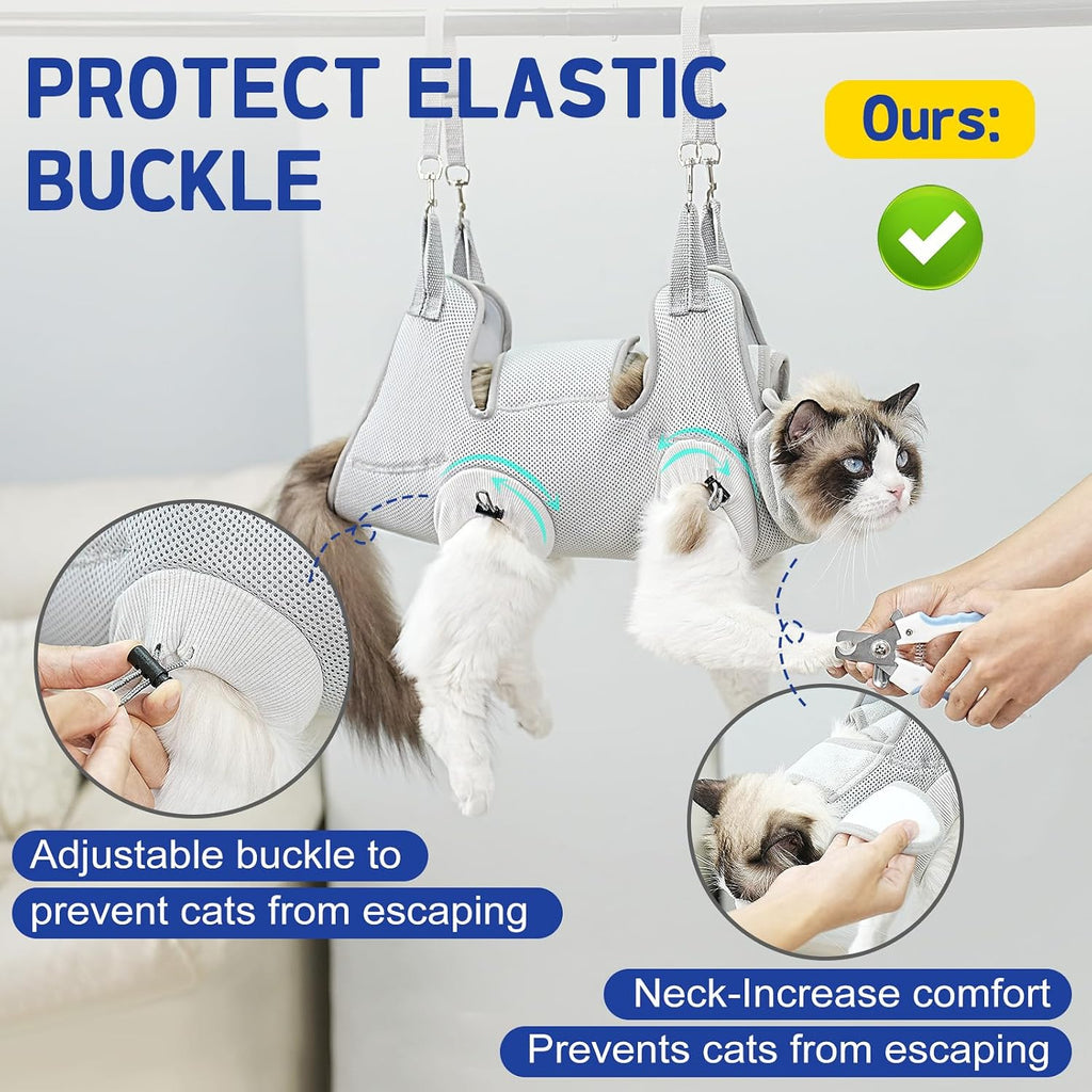 Cat grooming hanging sling with adjustable leg straps to prevent escapes during grooming