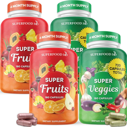 Superfood MD Fruit and Veggie Supplement pack of four front view showing authentic whole food capsules bottle for daily nutrition