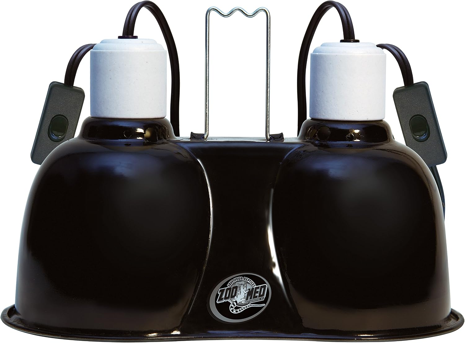 Close-up of the dual ceramic sockets inside the imported dual-dome reptile habitat lighting fixture.
