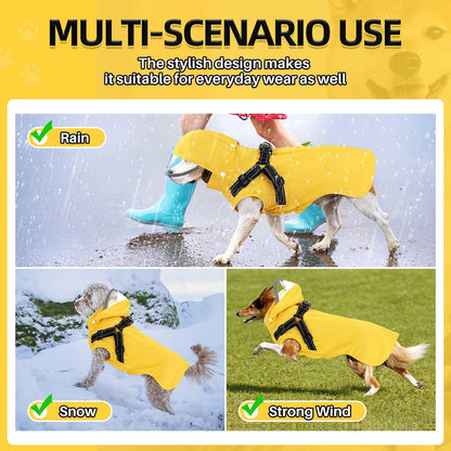 Lukovee medium sized dog raincoat being worn by a puppy on a rainy sidewalk walk
