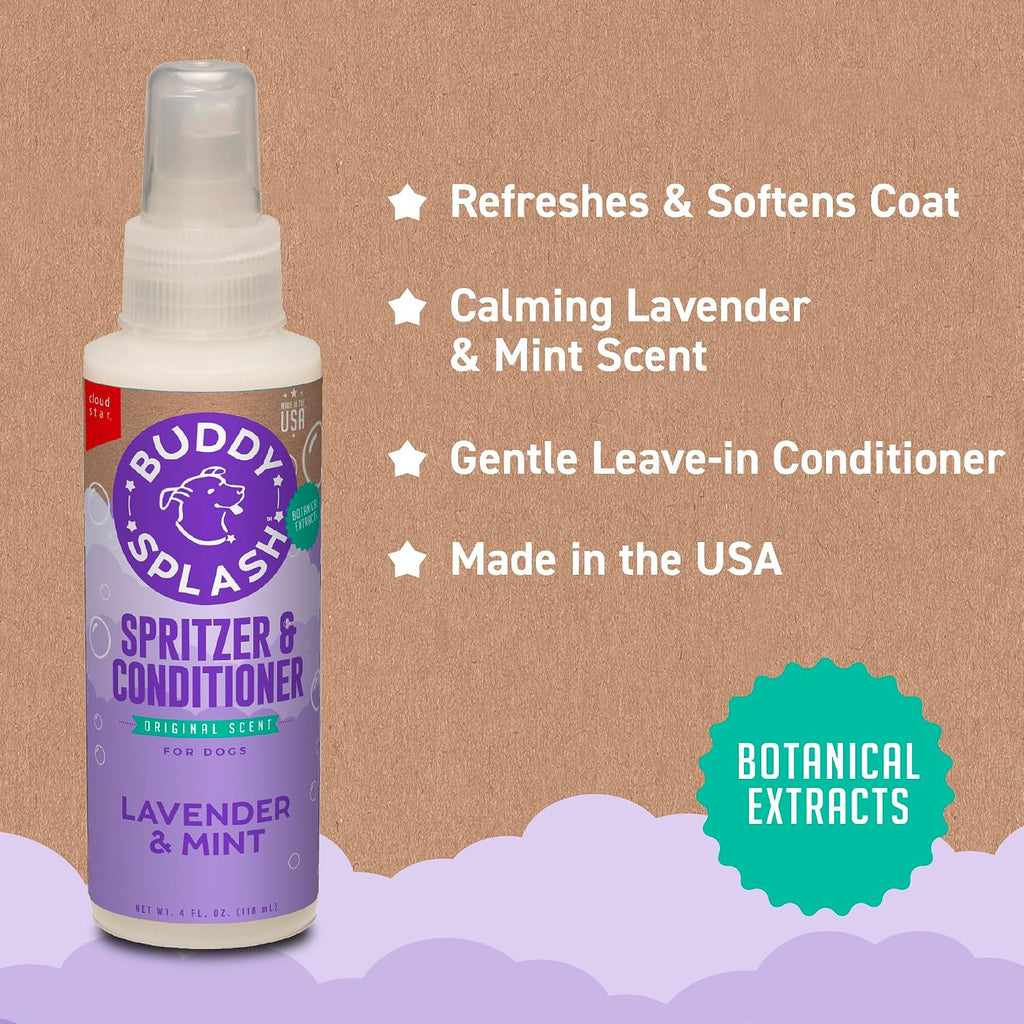 Buddy Splash grooming spray held in hand for size reference
