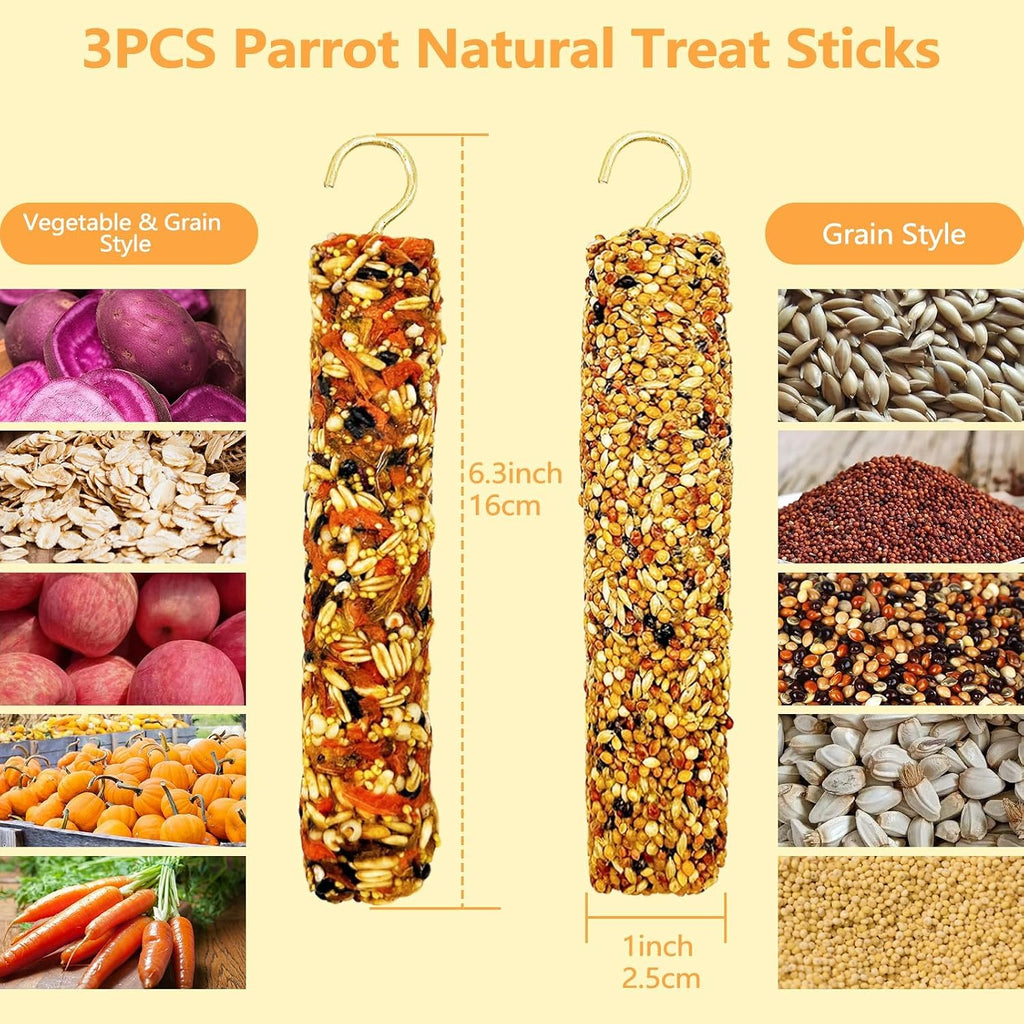 Parakeet treat sticks hanging inside a bird cage