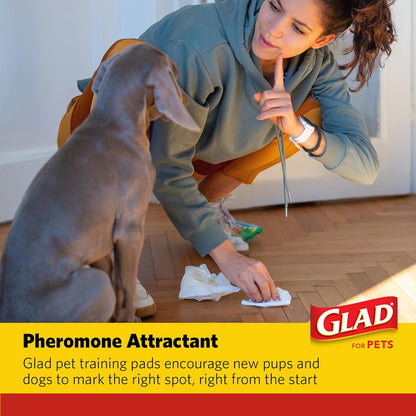 Glad heavy duty pet training pads packaging highlighting six cups liquid absorption