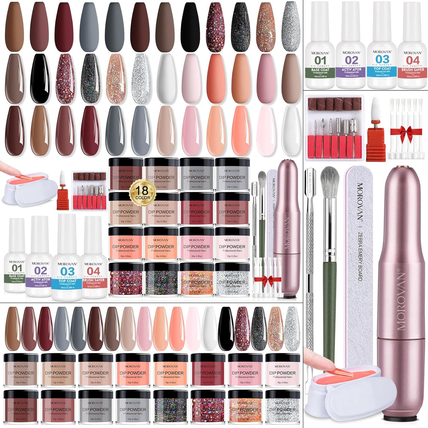 Morovan 18 colors dip powder set with electric nail drill for professional manicure