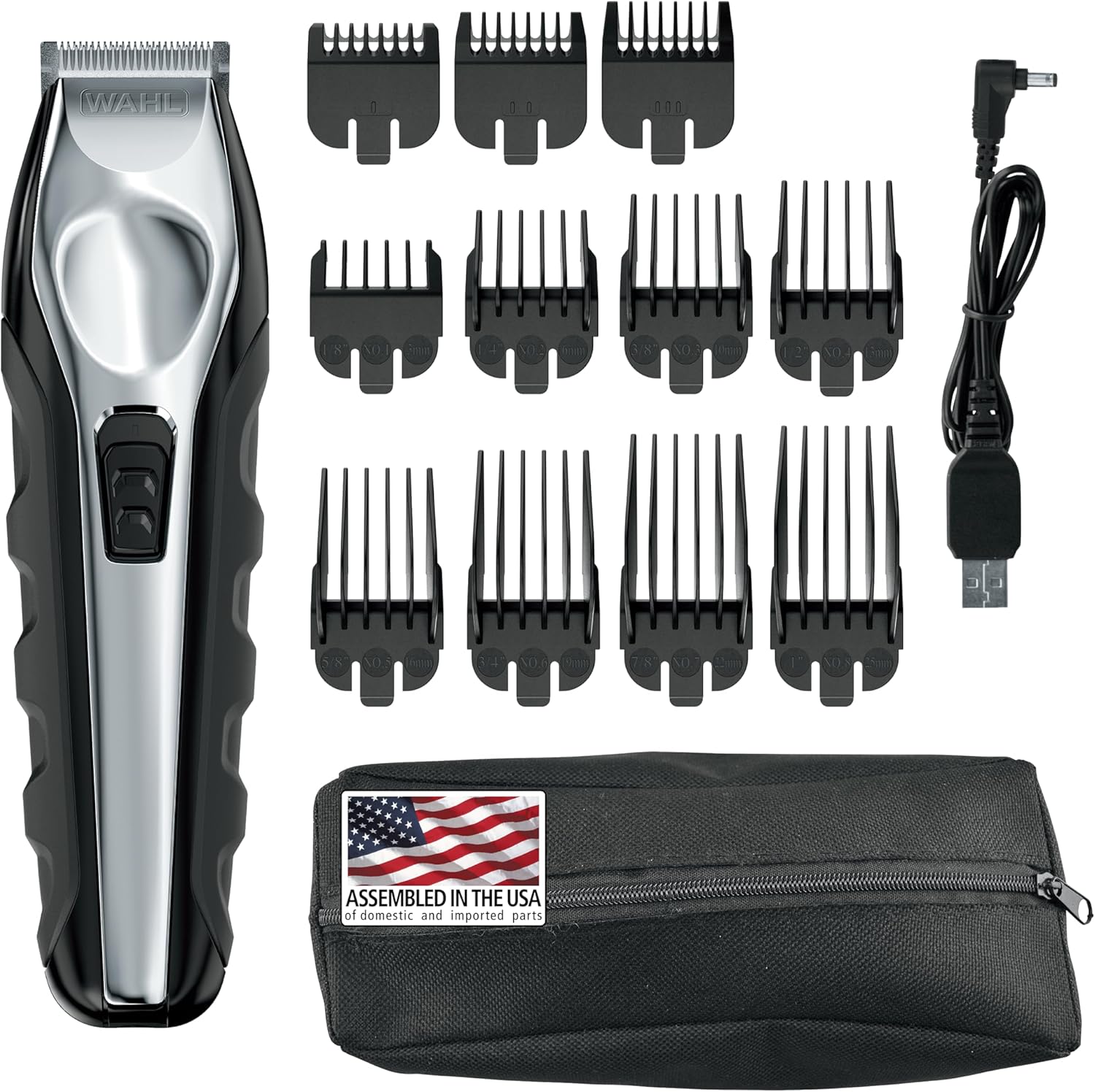 Wahl USA Lithium Ion Total Beard Trimmer front view showing black and silver metallic handle design