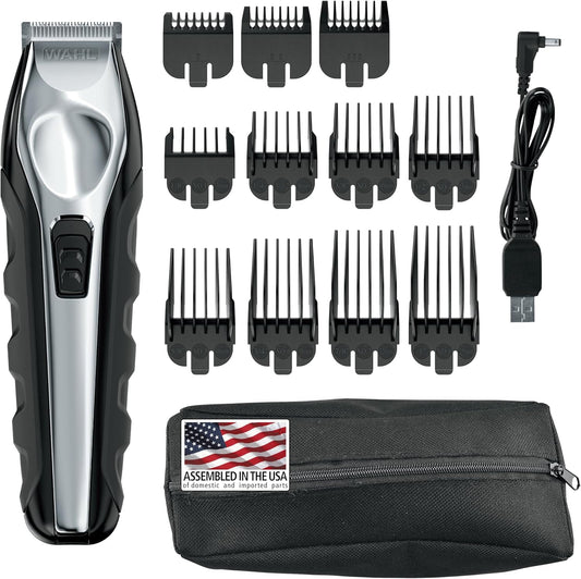 Wahl USA Lithium Ion Total Beard Trimmer front view showing black and silver metallic handle design