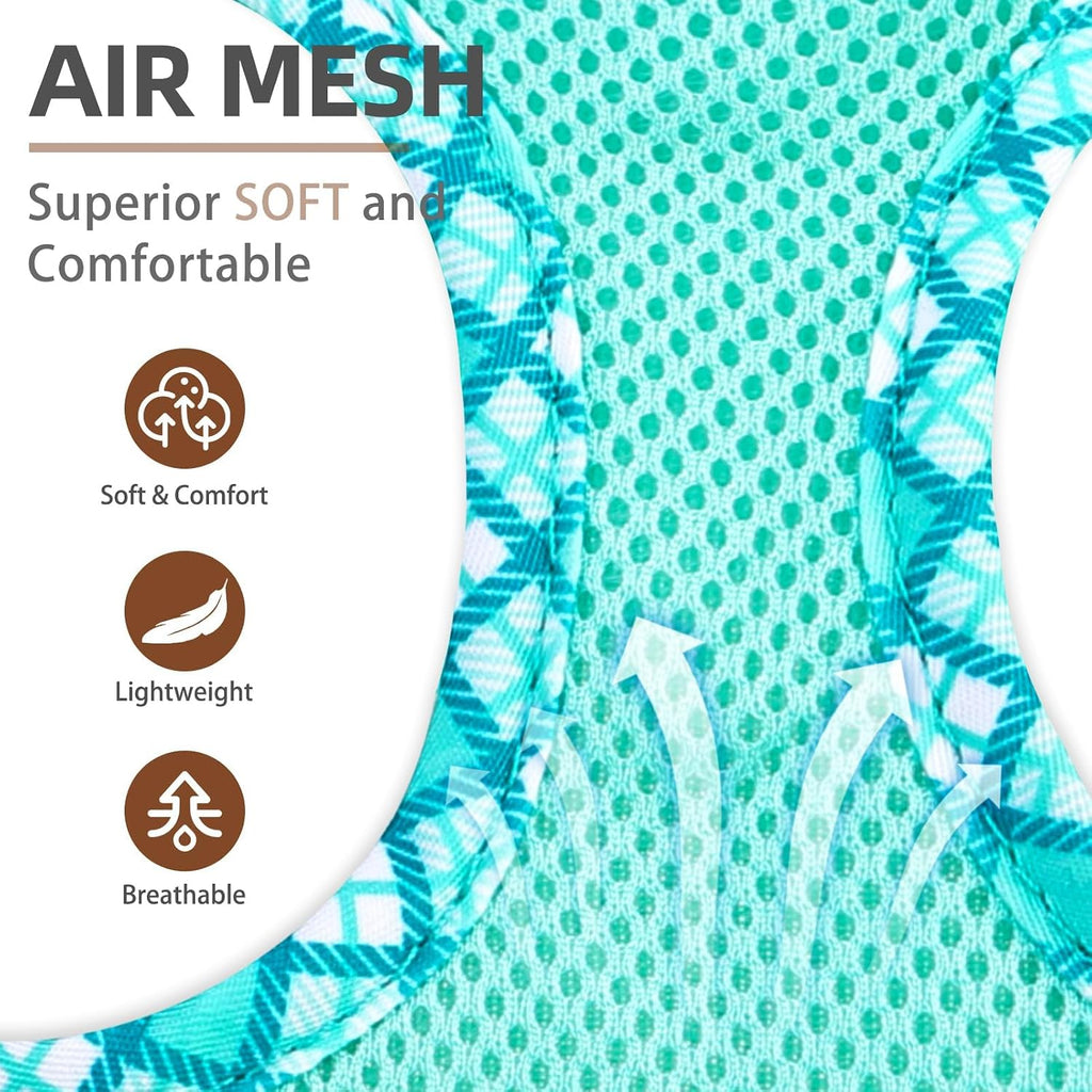 Step in soft mesh puppy vest harness showing the quick release buckle closure
