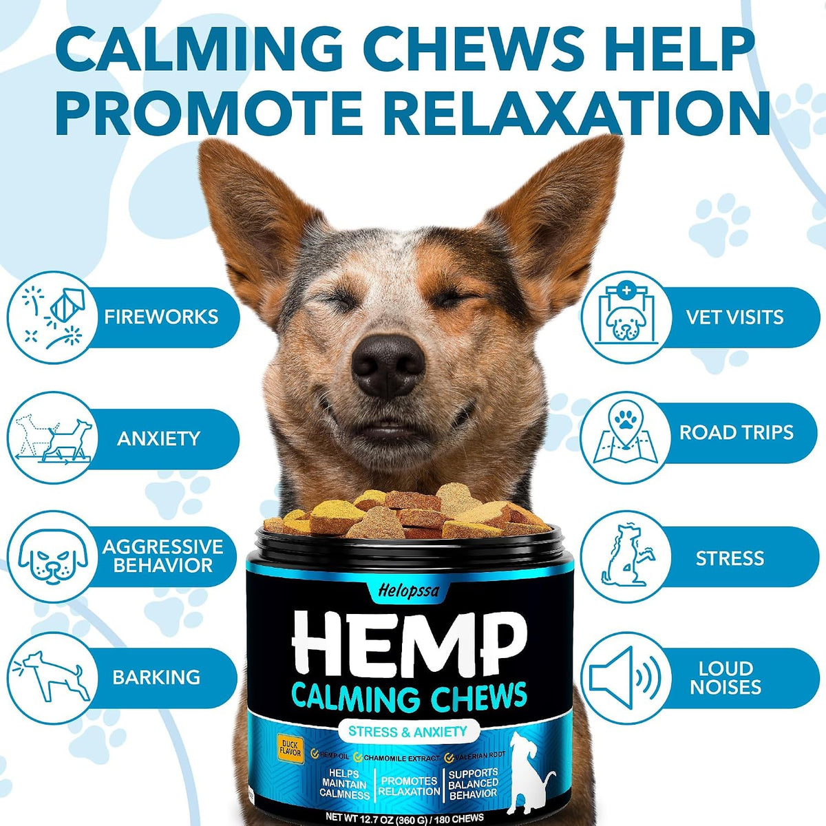 Helopssa dog anxiety relief treats with hemp oil back label showing ingredients