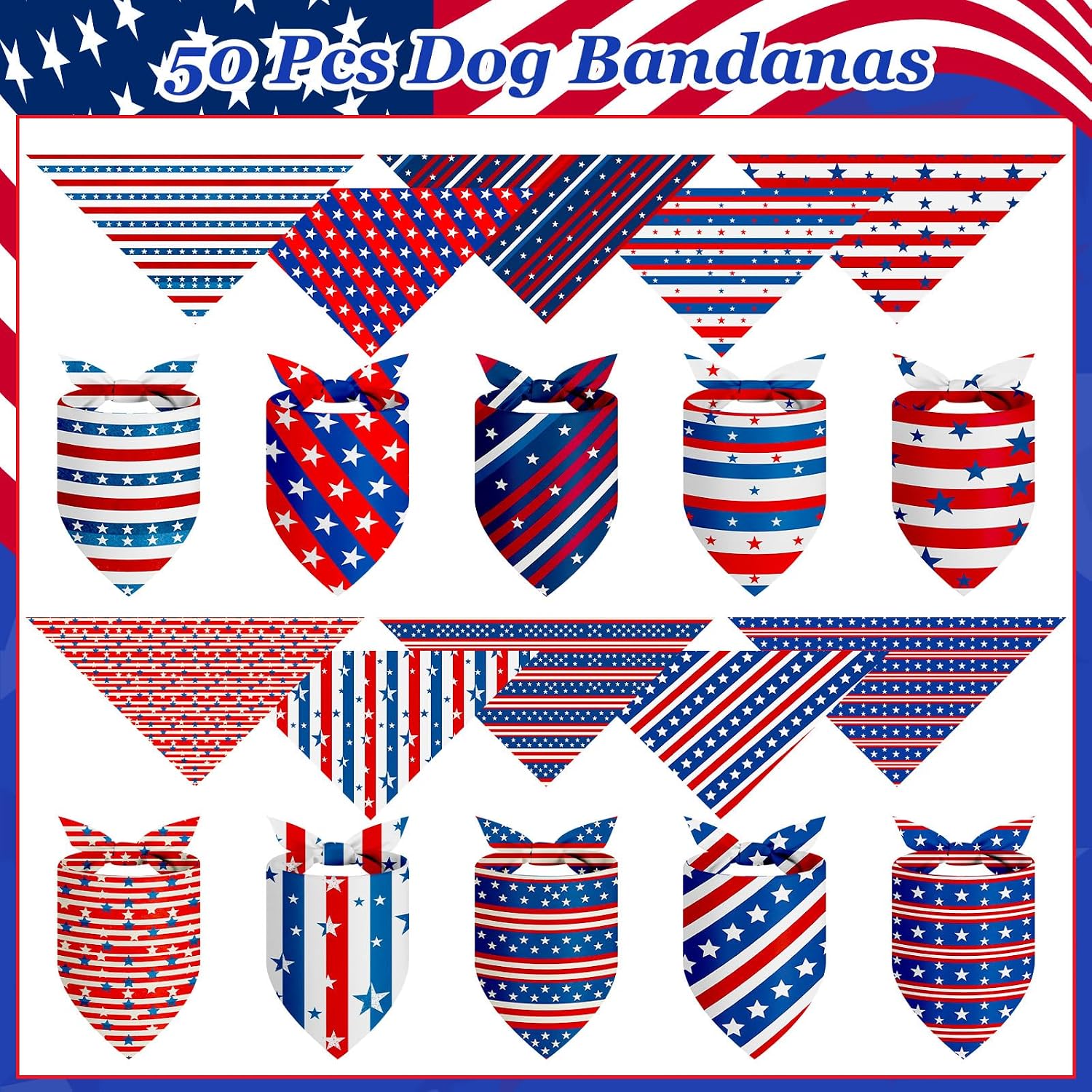 Large dog model wearing festive patriotic star printed neckerchief