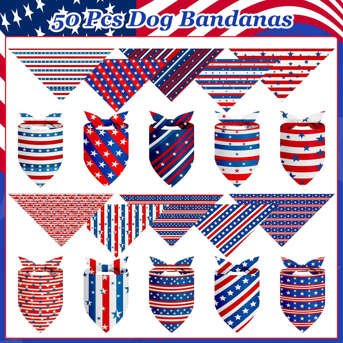 Large dog model wearing festive patriotic star printed neckerchief