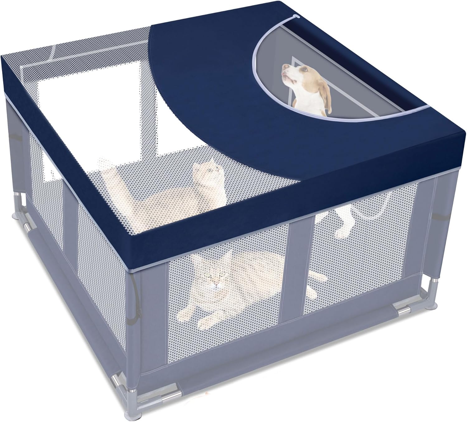 Zikopomi dog playpen cover front view showing secure hook attachments on a wire crate roof