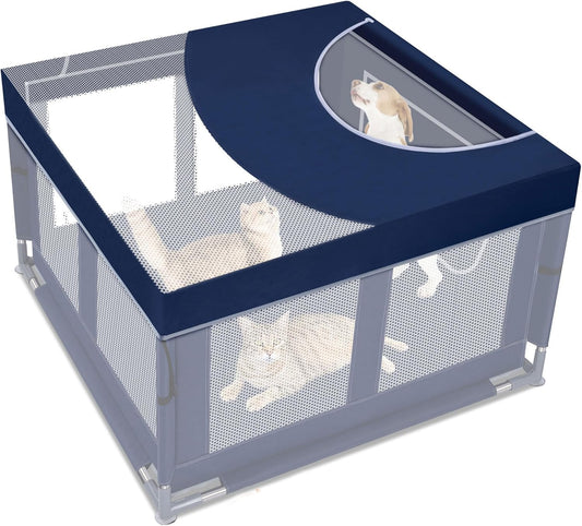 Zikopomi dog playpen cover front view showing secure hook attachments on a wire crate roof