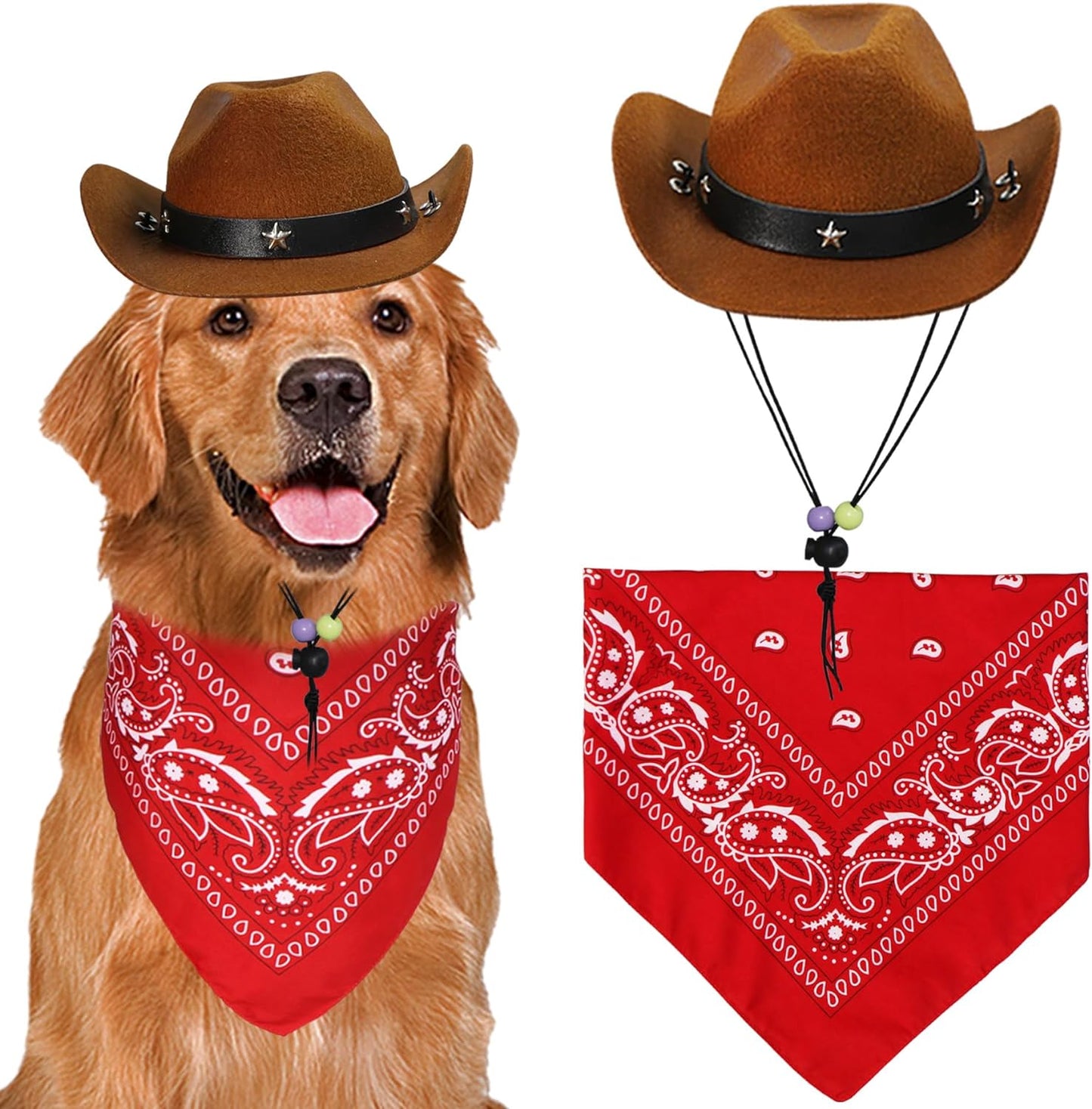 GOYOSWA Dog Cowboy Costume front view on a golden retriever