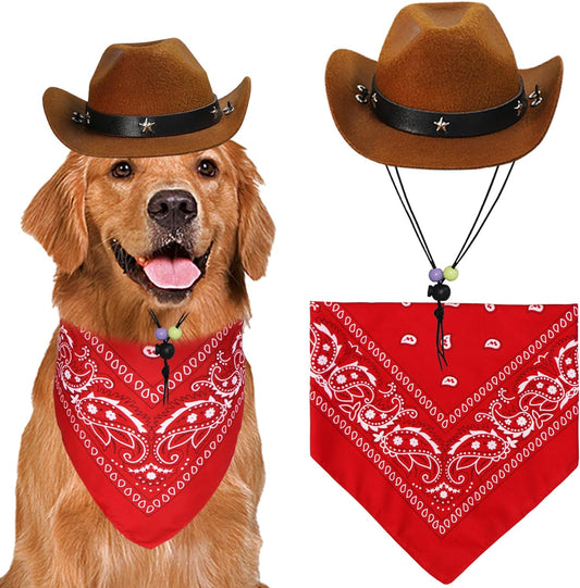 GOYOSWA Dog Cowboy Costume front view on a golden retriever