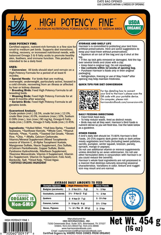 Harrison's Bird Foods High Potency Fine - Certified Organic, Non GMO Formula for Small to Medium Birds - Human Grade Pellets for Molting, Recovering & Weaning Chicks with Balanced Nutrition (1lb) - Image 2