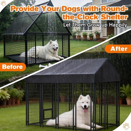 Weatherproof pet kennel tarp folded neatly beside its included travel storage bag.