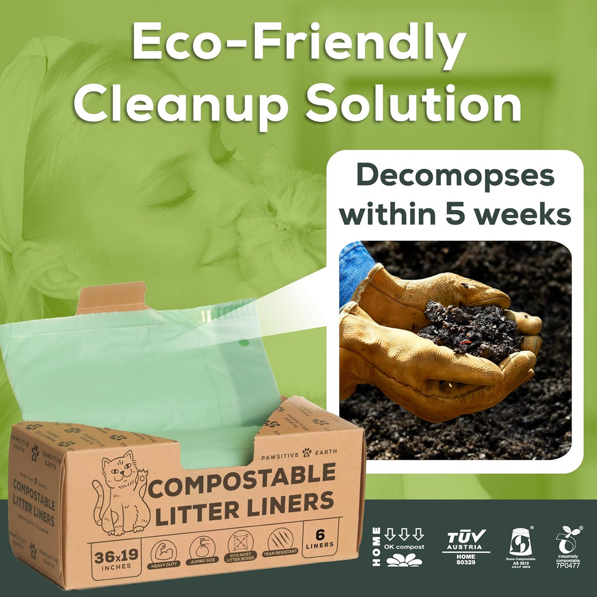 Hands pulling the drawstring closure of a biodegradable pet waste bag.