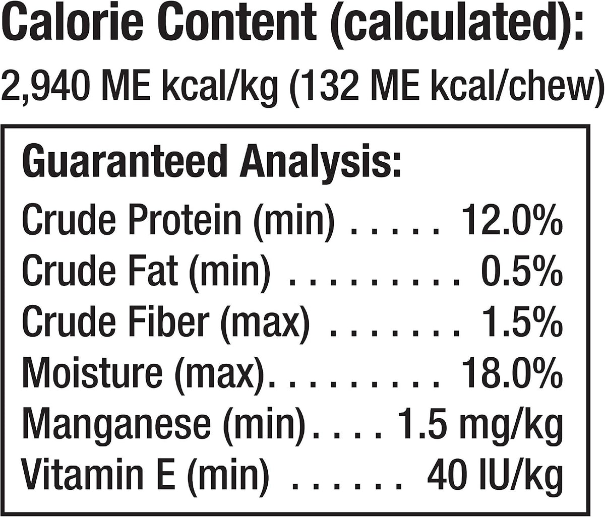Nutritional information and vitamin enrichment details on DreamBone dog treats