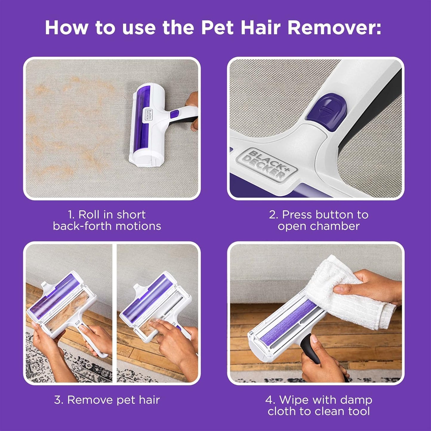 Black+Decker pet hair roller button release for emptying bin