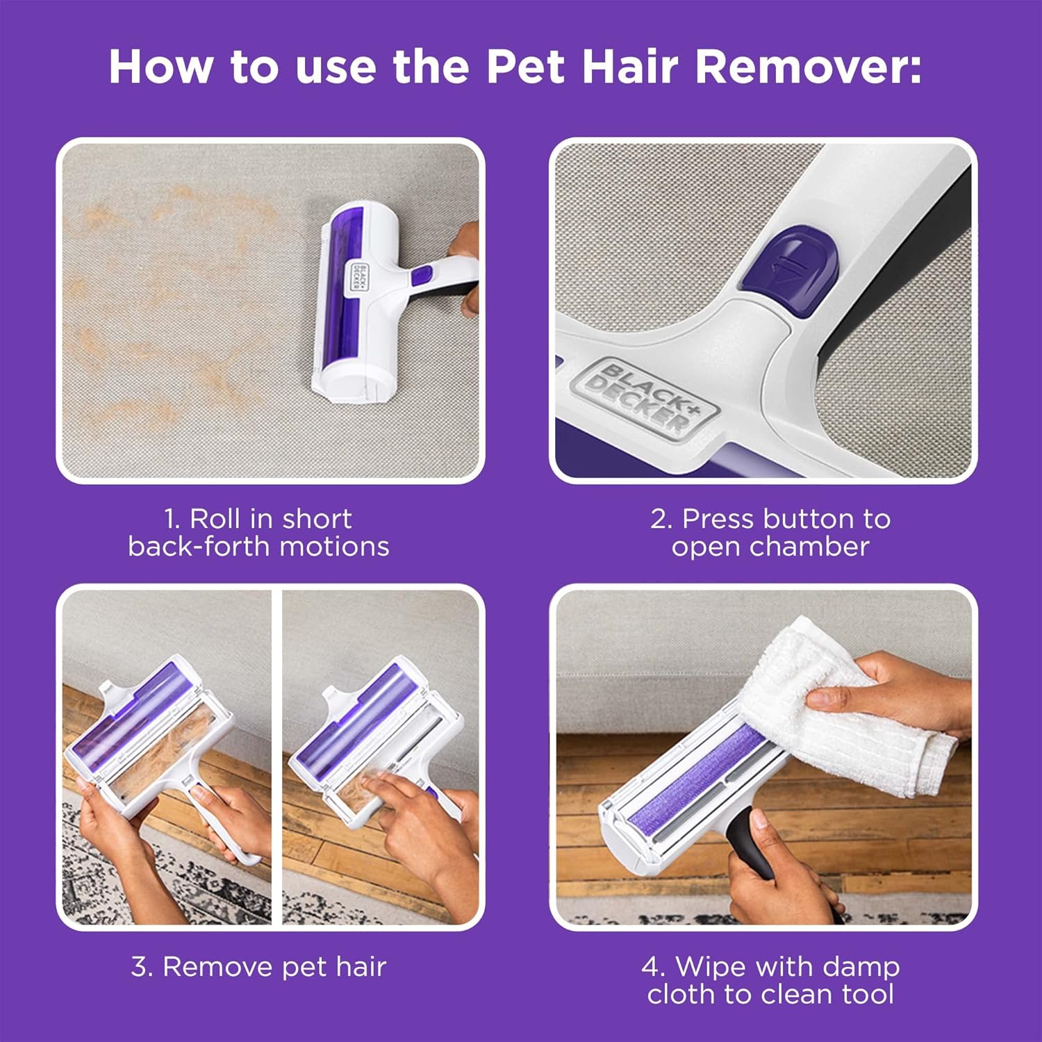 Black+Decker pet hair roller button release for emptying bin