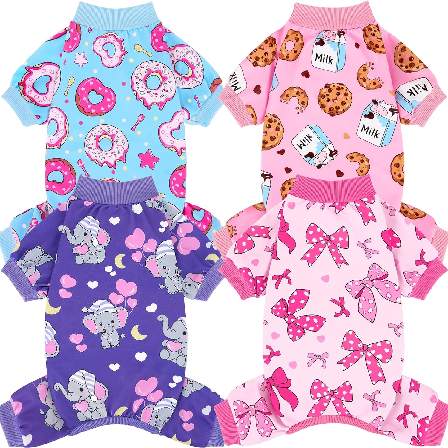XPUDAC four piece dog pajamas extra small size front view showcasing playful cartoon prints.