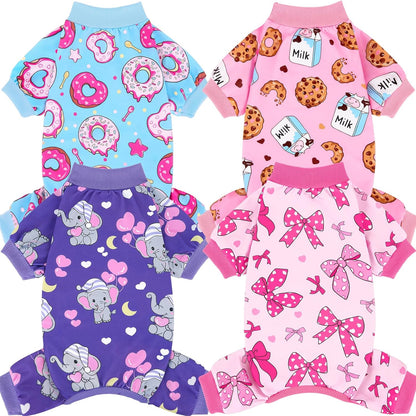 XPUDAC four piece dog pajamas extra small size front view showcasing playful cartoon prints.
