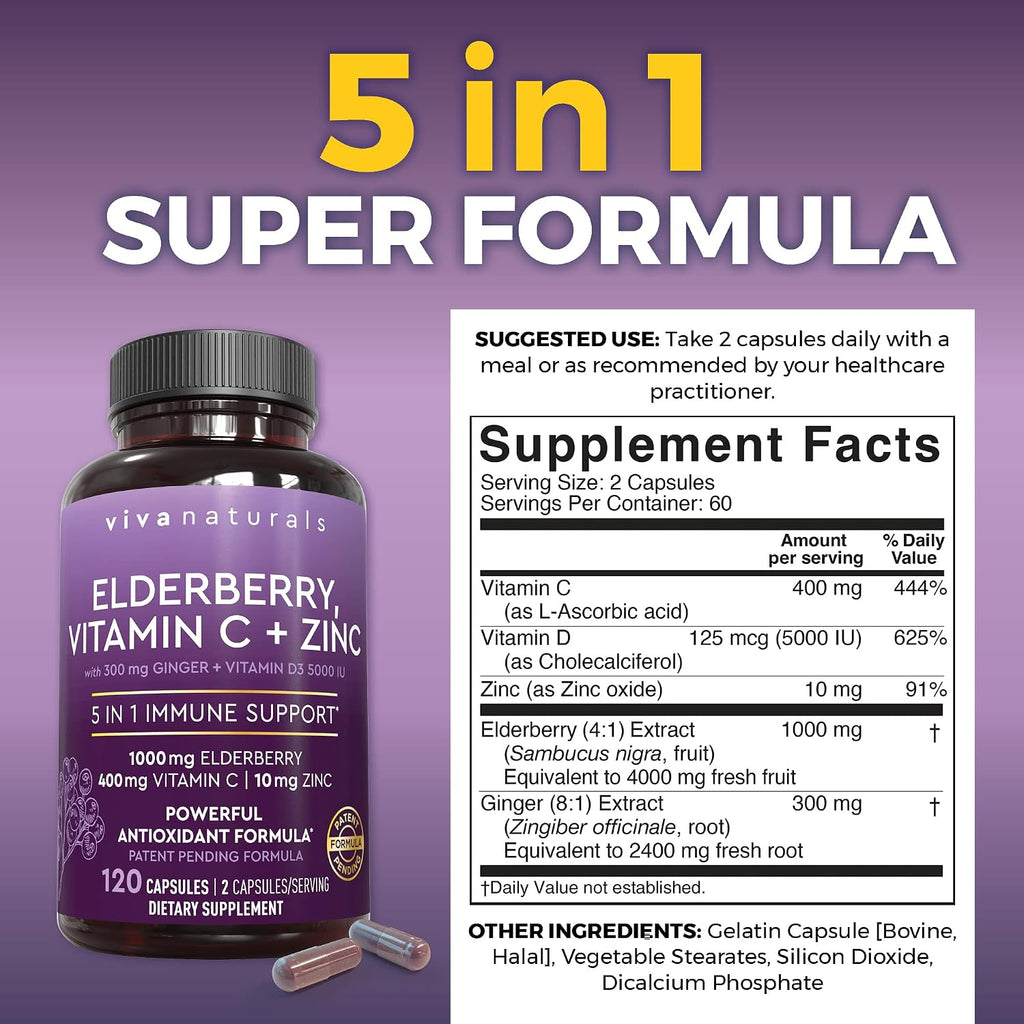 Viva Naturals Elderberry with Vitamin C and Zinc for Adults - 5 in 1 Sambucus Black Elderberry Capsules with Vitamin D3 5000 IU Immunity Supplement, Sambucus Elderberry Immune Support Supplement - Image 2